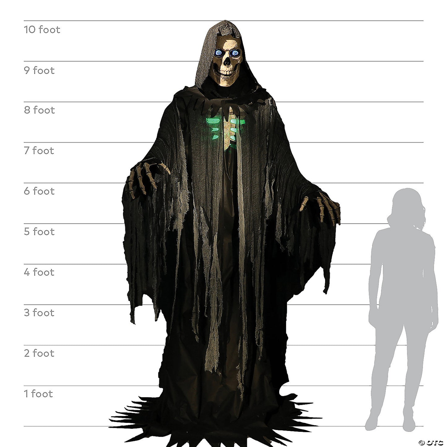 Huge 10' Towering Reaper Animated Skeleton Halloween Moving Prop w/ Digital Eyes