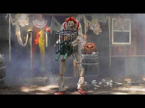 Life Size 7 Ft. Animated Cagey Circus Clown w/ Child Kid in Cage Halloween Prop