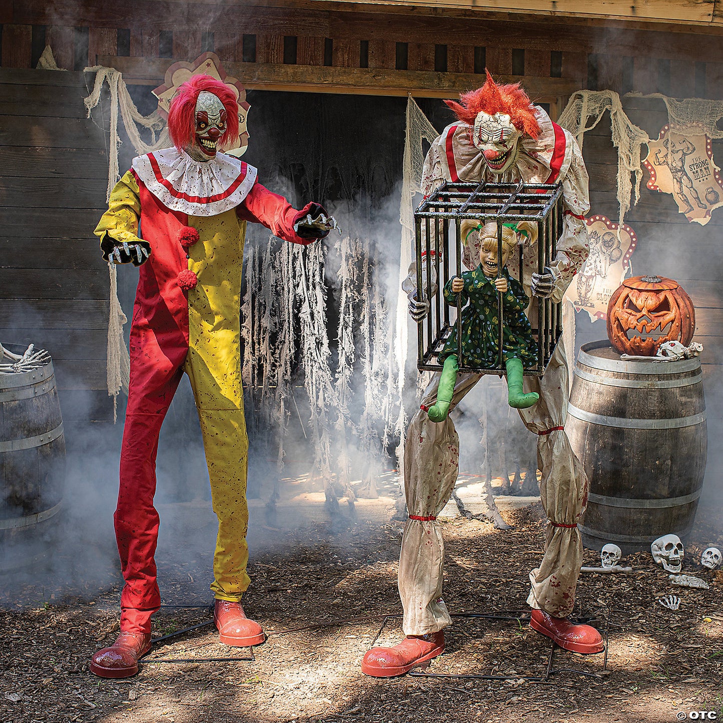 Life Size 7 Ft. Animated Cagey Circus Clown w/ Child Kid in Cage Halloween Prop