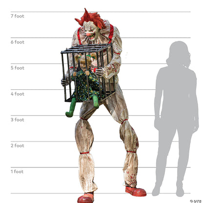 Life Size 7 Ft. Animated Cagey Circus Clown w/ Child Kid in Cage Halloween Prop