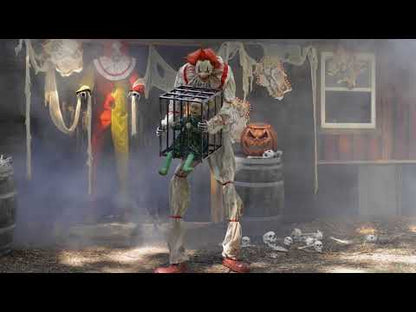 Life Size 7 Ft. Animated Cagey Circus Clown w/ Child Kid in Cage Halloween Prop